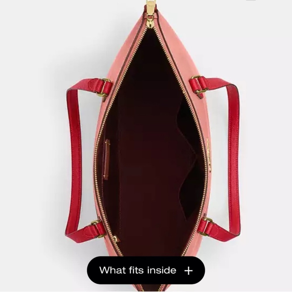 🧡Coach NWT Coral pink  Gallery Tote Bag with red strap and gold accents.🧡 - Picture 4 of 6